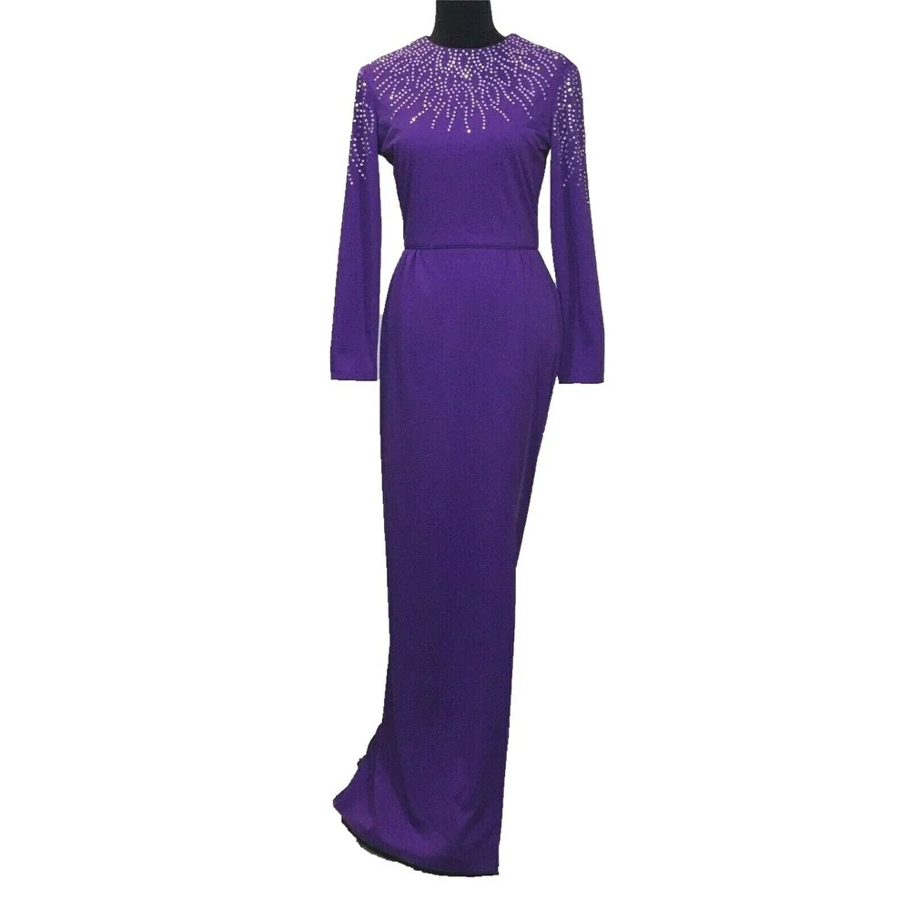 VTG RANDYS Glamorous Knit‎ Jersey Long Dress Dark Purple Rhinestone Embellish